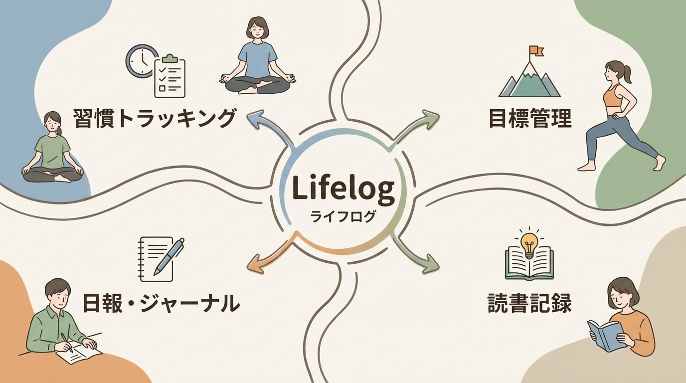 インフォグラフィック：「一元管理で習慣化が変わる」中央に「Lifelog」の文字、周囲に「習慣トラッキング」「目標管理」「読書記録」「日報・ジャーナル」の4要素がつながっている図解