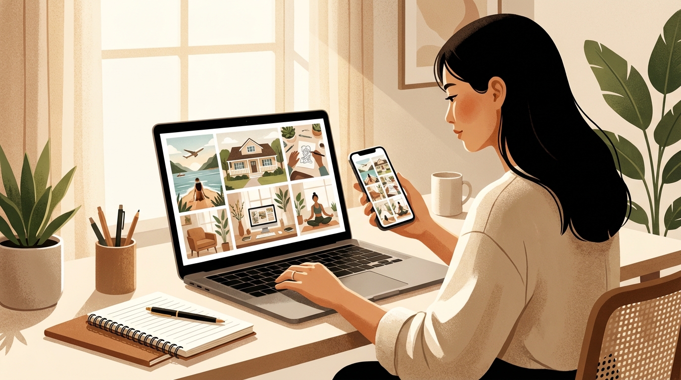 パソコンやスマホで画像を探している様子のイラスト