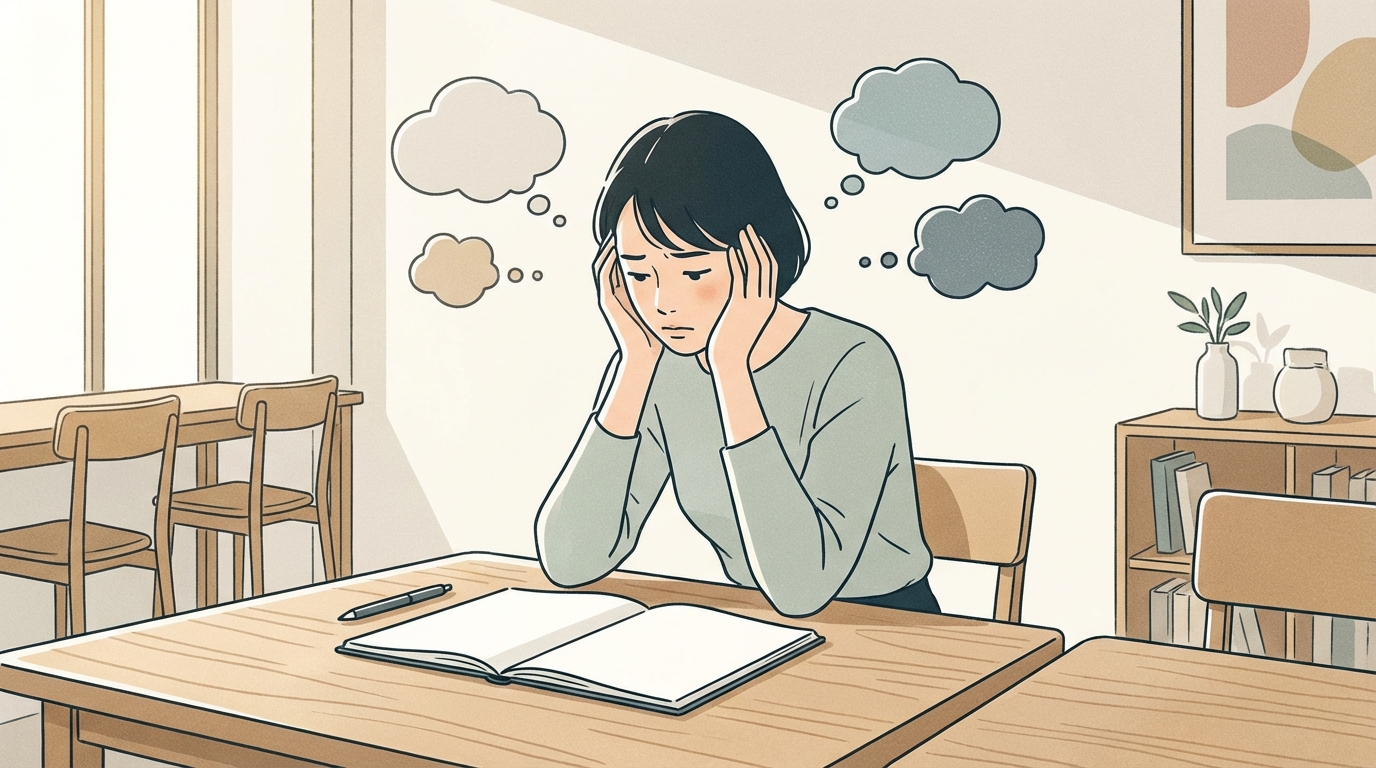 ノートを書こうとして悩んでいる人のイラスト