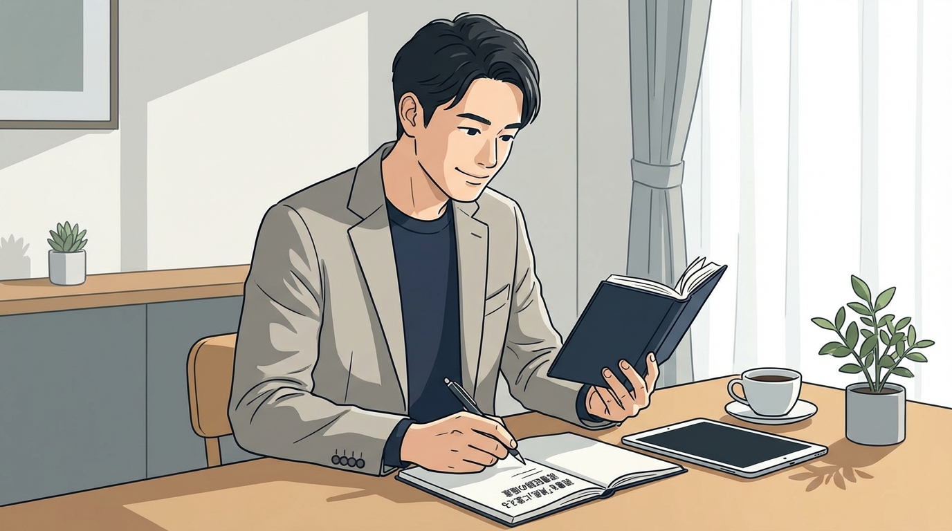 ビジネス書を読みながらメモを取る様子