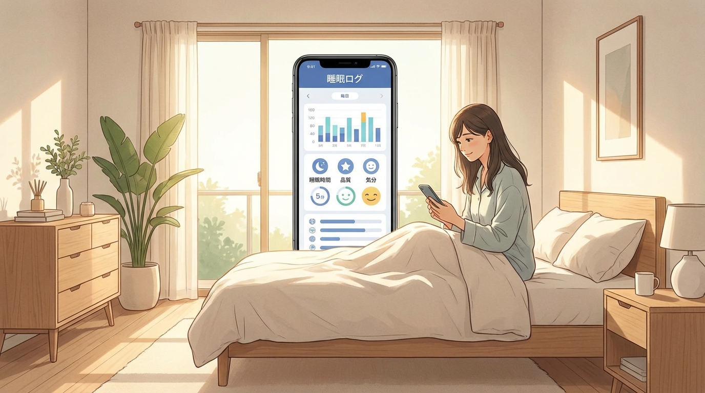 習慣化テクニックのイメージ：朝日が差し込むベッドルームで、起きたばかりの人がスマートフォンを手に取り、「睡眠記録」アプリを開いている様子