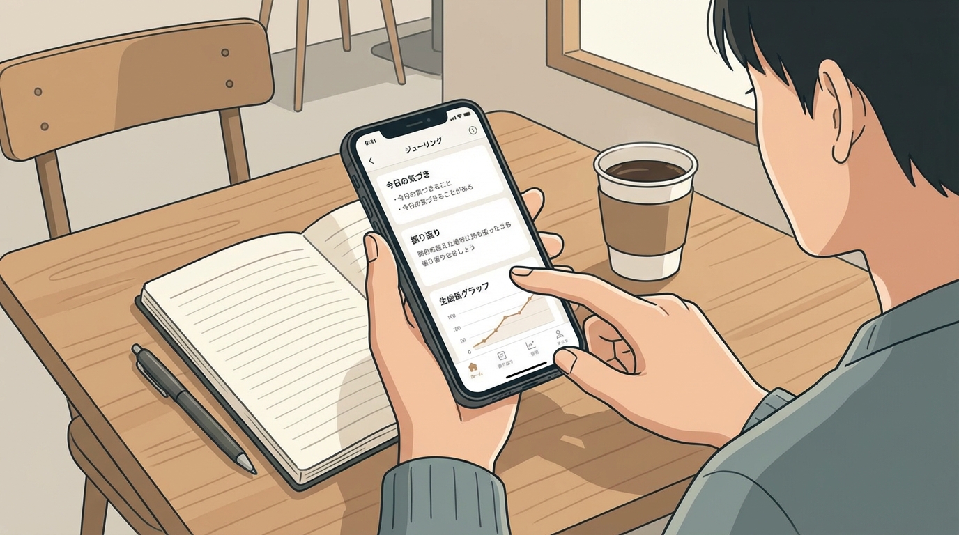 スマートフォンで記録をつけている手元