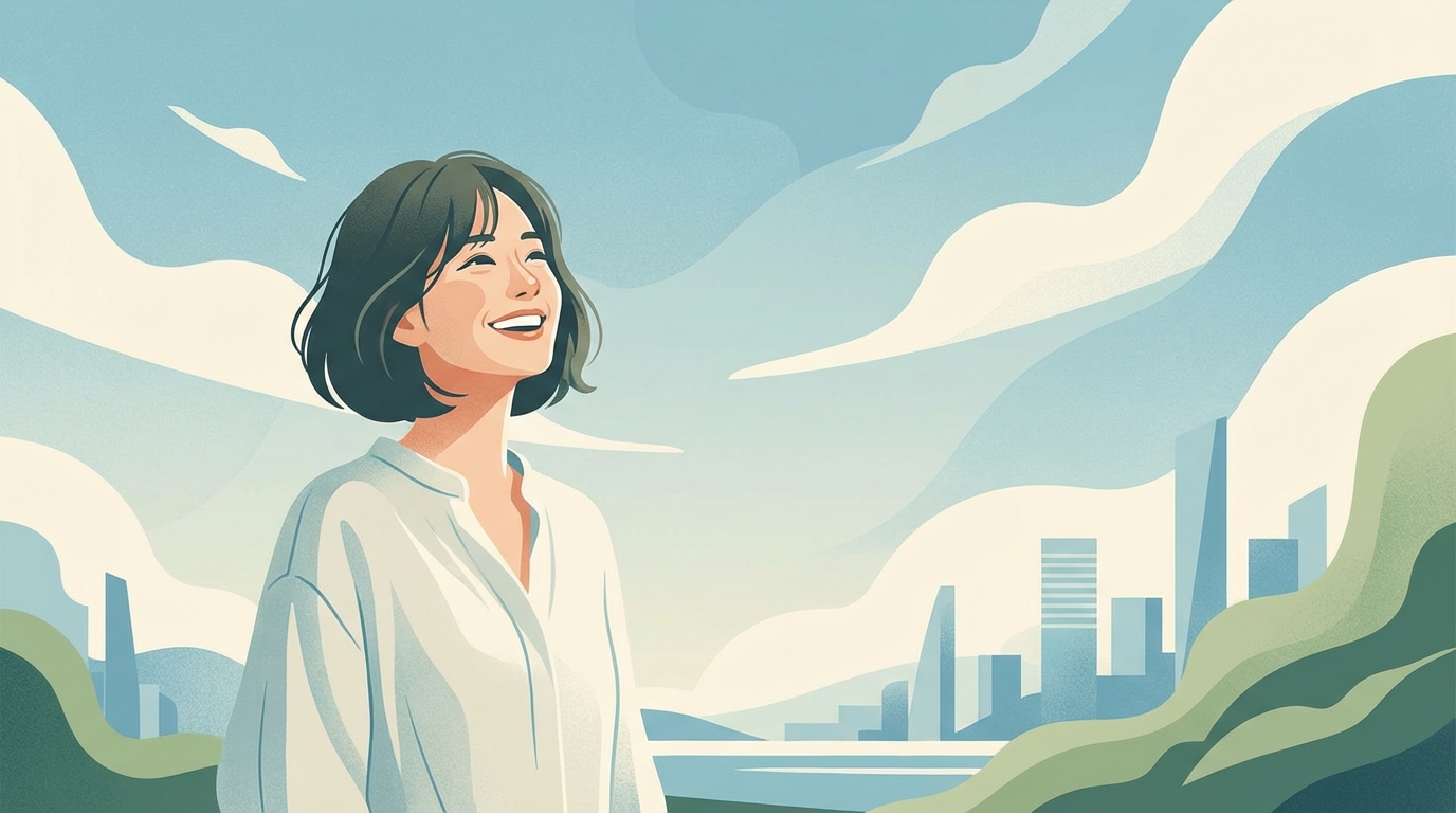 人生が変わった女性が笑顔で空を見上げているイメージ写真