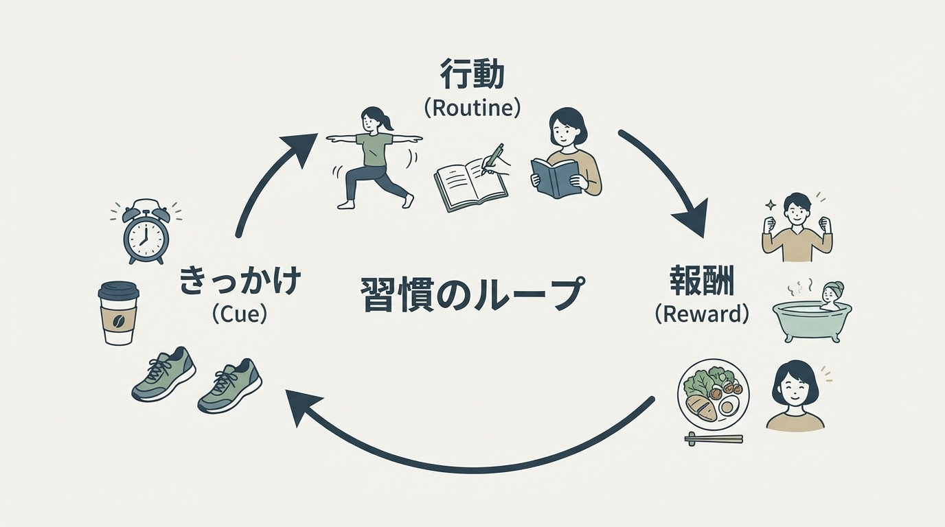 図解「習慣のループ」:円形のフローチャートで「きっかけ(Cue)」&rarr;「行動(Routine)」&rarr;「報酬(Reward)」&rarr; きっかけに戻る循環を示す