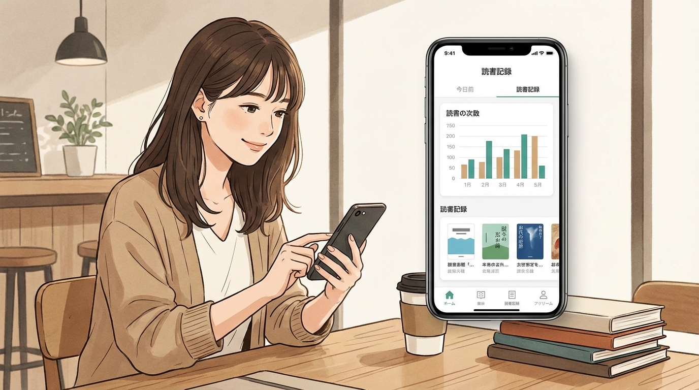 スマートフォンで読書記録アプリを操作する様子